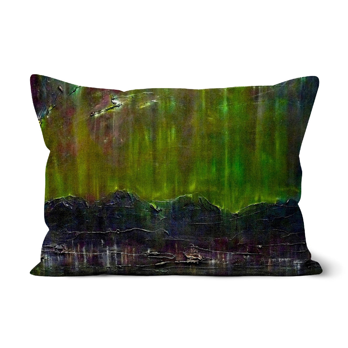 Green Aurora Borealis Cromarty Harbour Cushion with Black Purple Accents