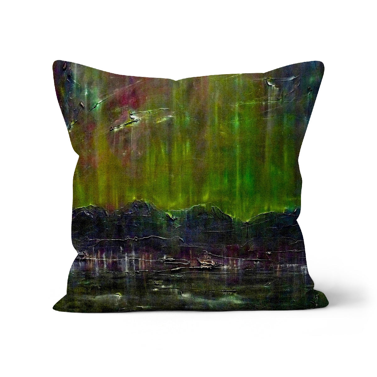 Green black abstract art throw pillow with glossy finish, Cromarty Harbour Northern Lights Cushion