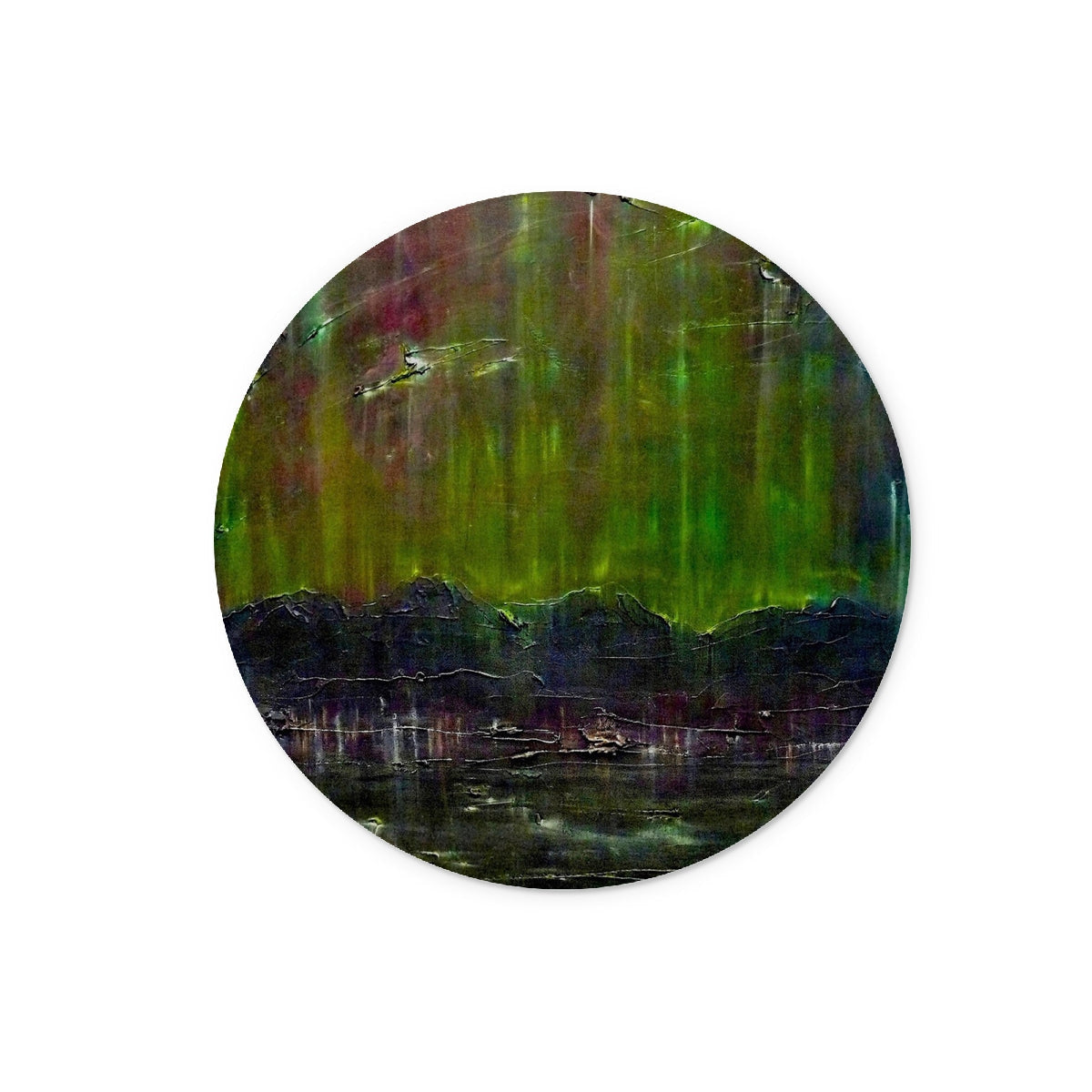 Green aurora borealis circular coaster set on Cromarty Harbour Northern Lights glass chopping board