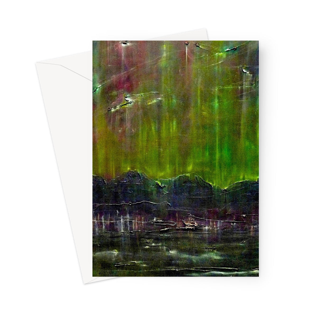 Cromarty Harbour Northern Lights greeting card with green-yellow aurora and reflective surface