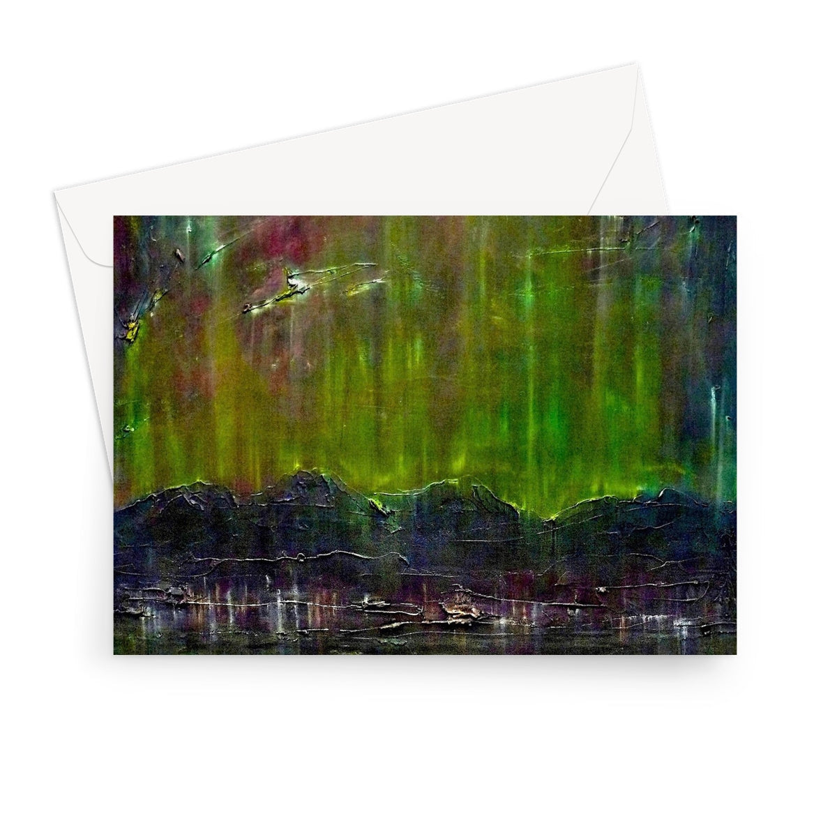 Cromarty Harbour Northern Lights green aurora greeting card with envelope