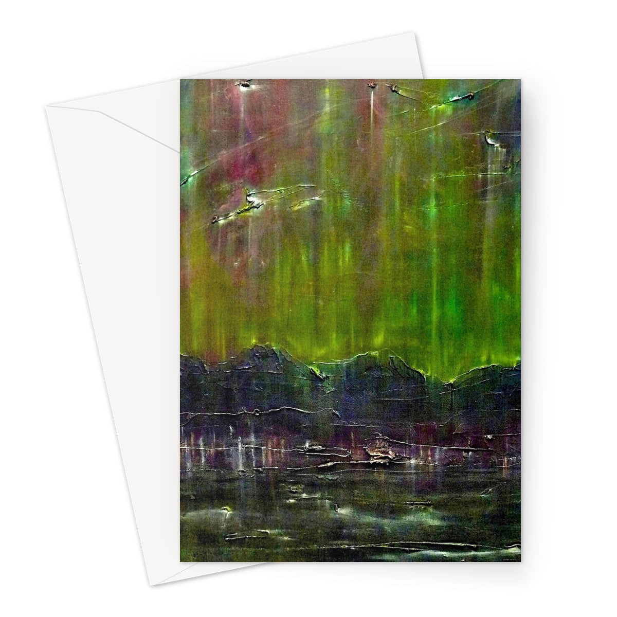 Cromarty Harbour Northern Lights greeting card with green aurora and metallic accents