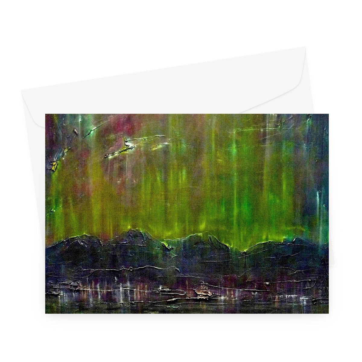 Green and yellow textured abstract mountain greeting card, Cromarty Harbour Northern Lights