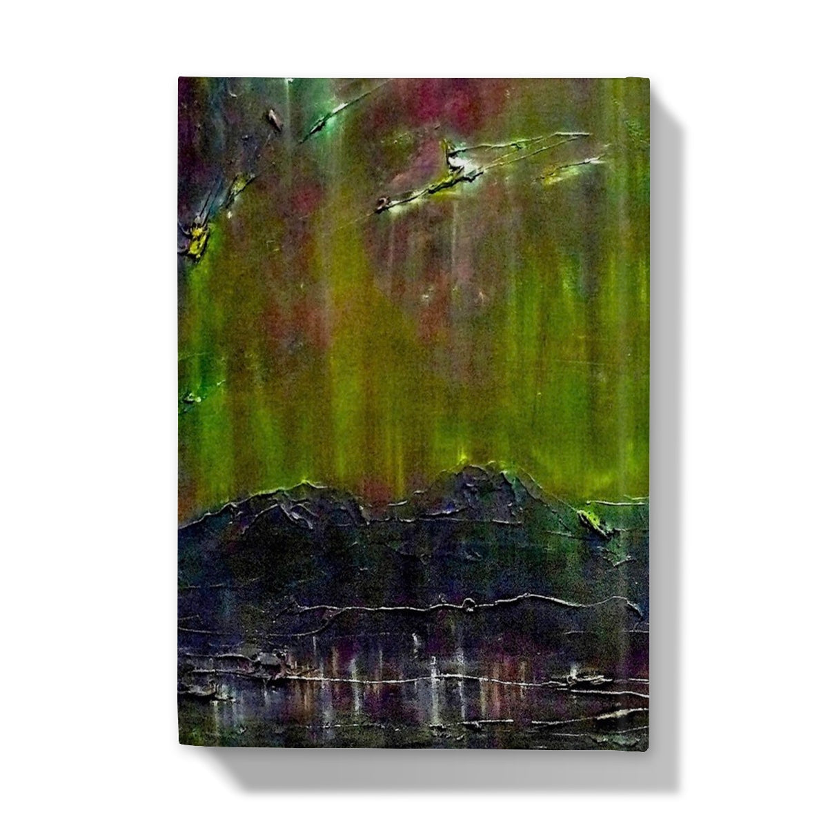 Green and yellow abstract textured painting on Cromarty Harbour Northern Lights journal