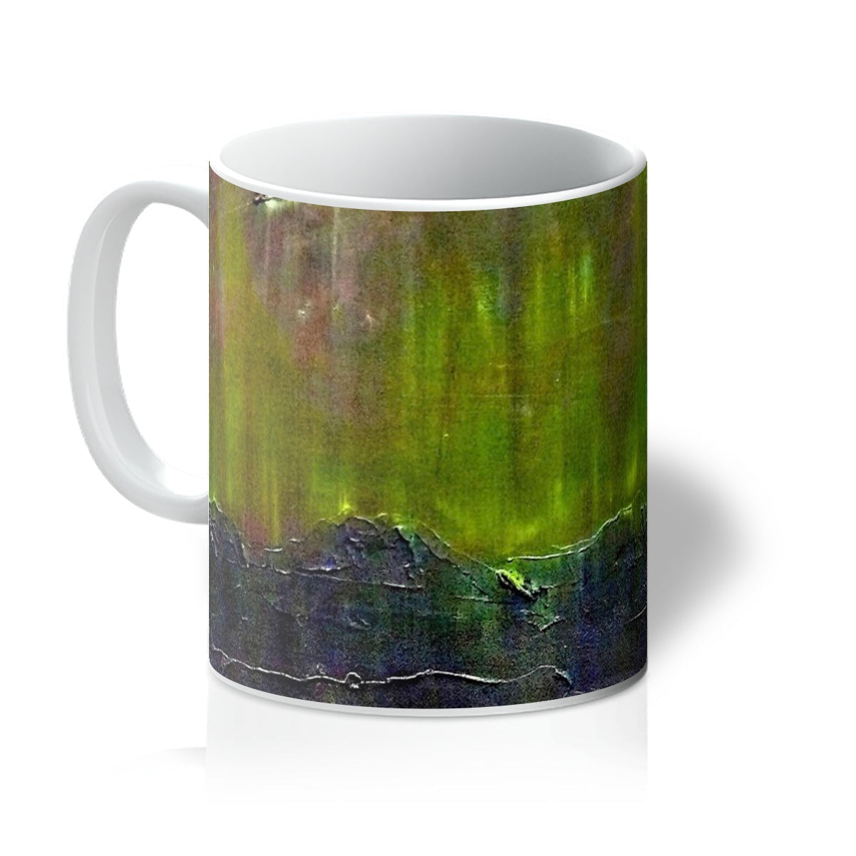 Cromarty Harbour Northern Lights ceramic mug with green aurora design