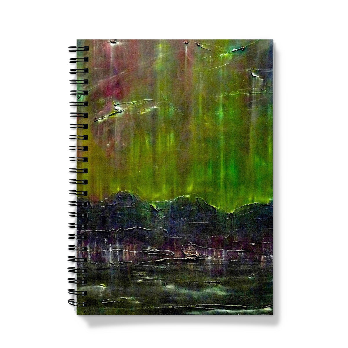 Cromarty Harbour Northern Lights spiral notebook with green yellow watercolor cover