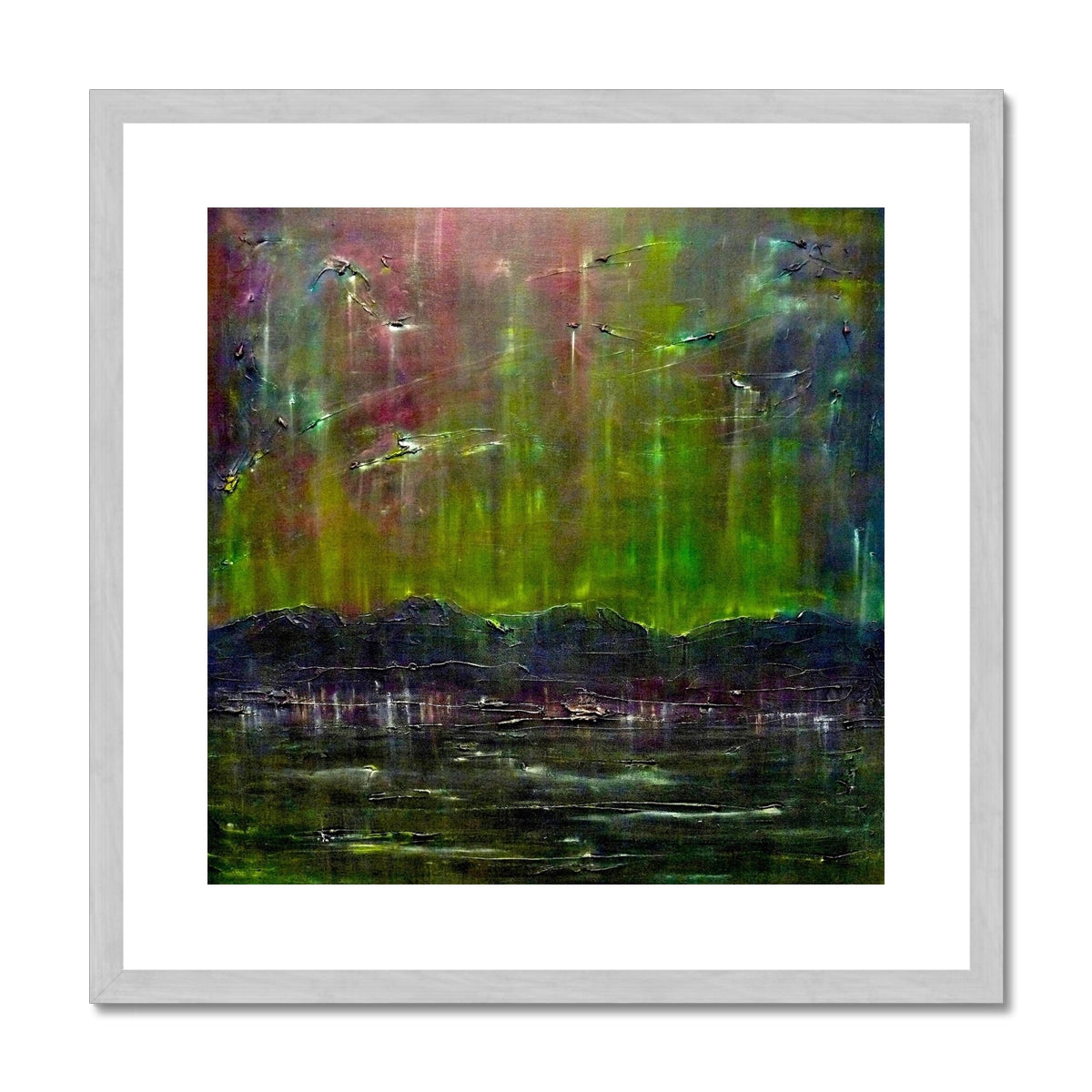 Cromarty Harbour Northern Lights Painting | Antique Framed & Mounted Prints From Scotland-Antique Framed & Mounted Prints-Scottish Highlands & Lowlands Art Gallery-20"x20"-Silver Frame-Paintings, Prints, Homeware, Art Gifts From Scotland By Scottish Artist Kevin Hunter