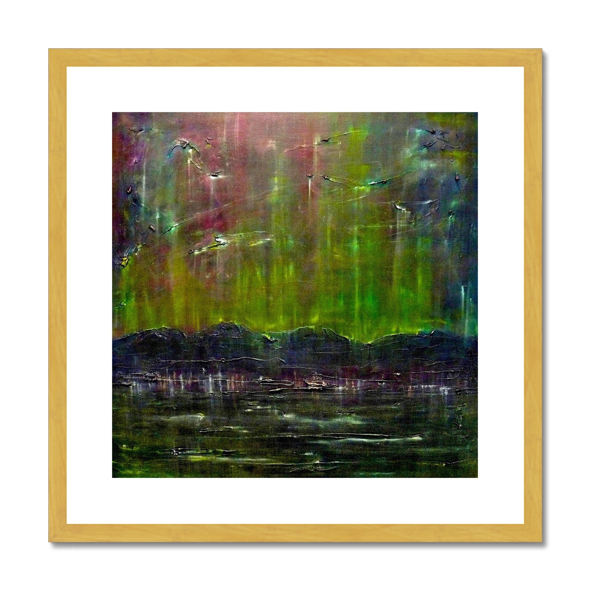 Cromarty Harbour Northern Lights Painting | Antique Framed & Mounted Prints From Scotland-Antique Framed & Mounted Prints-Scottish Highlands & Lowlands Art Gallery-20"x20"-Gold Frame-Paintings, Prints, Homeware, Art Gifts From Scotland By Scottish Artist Kevin Hunter