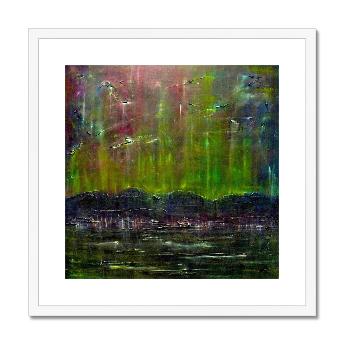 Cromarty Harbour Northern Lights Painting | Framed & Mounted Prints From Scotland-Framed & Mounted Prints-Scottish Highlands & Lowlands Art Gallery-20"x20"-White Frame-Paintings, Prints, Homeware, Art Gifts From Scotland By Scottish Artist Kevin Hunter
