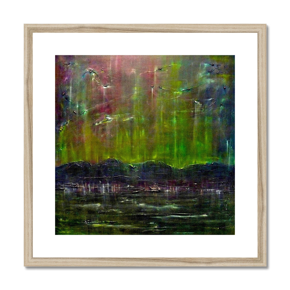 Cromarty Harbour Northern Lights Painting | Framed & Mounted Prints From Scotland-Framed & Mounted Prints-Scottish Highlands & Lowlands Art Gallery-20"x20"-Natural Frame-Paintings, Prints, Homeware, Art Gifts From Scotland By Scottish Artist Kevin Hunter