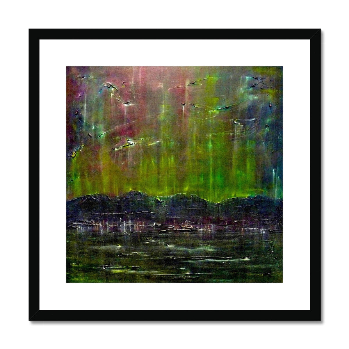 Cromarty Harbour Northern Lights Painting | Framed & Mounted Prints From Scotland-Framed & Mounted Prints-Scottish Highlands & Lowlands Art Gallery-20"x20"-Black Frame-Paintings, Prints, Homeware, Art Gifts From Scotland By Scottish Artist Kevin Hunter