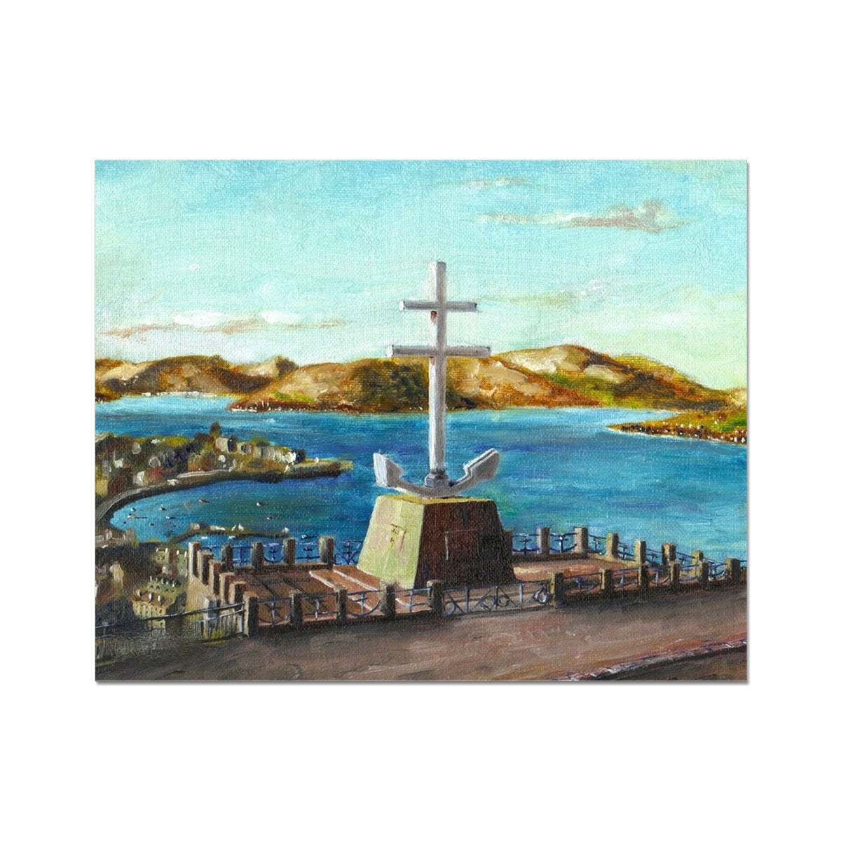 White Cross of Lorraine Statue on Pedestal with Stone Base and Metal Railing