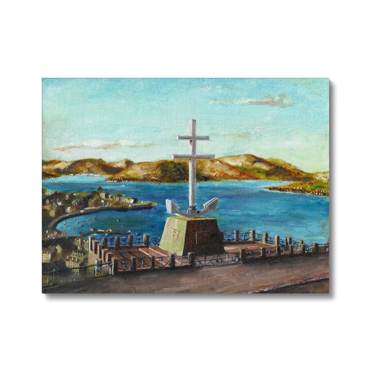 Gold Cross of Lorraine statue with white doves on base, canvas print