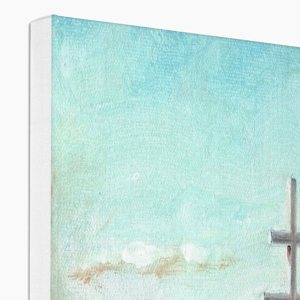Aqua blue textured canvas wall art with white seashells and wooden cross