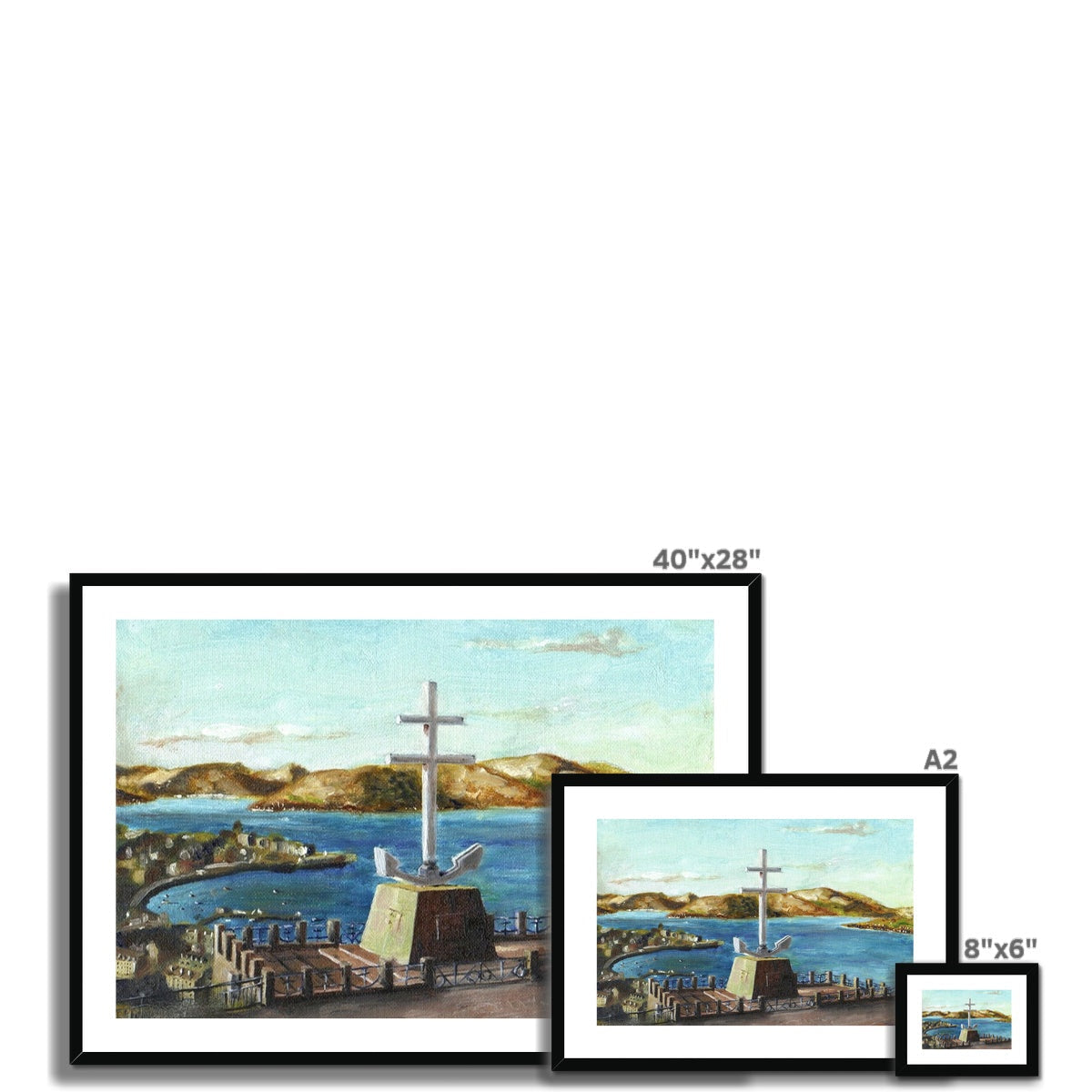 Framed 40x28 Cross of Lorraine landscape art print, black frame, white mat