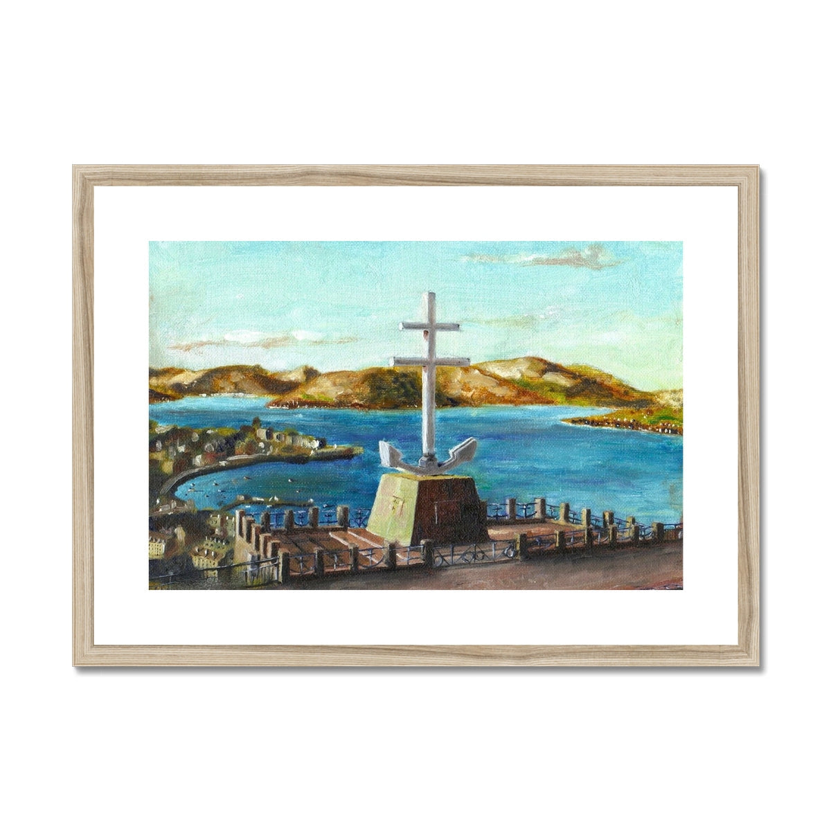 Wooden Cross of Lorraine plaque with white stone base and metal accents