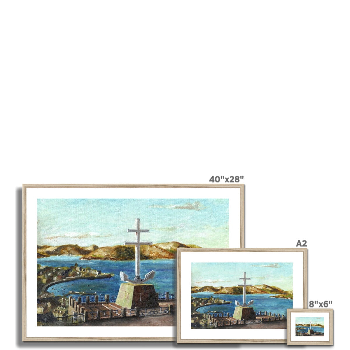 Framed 40x28 inch canvas print of coastal Cross of Lorraine in earth tones