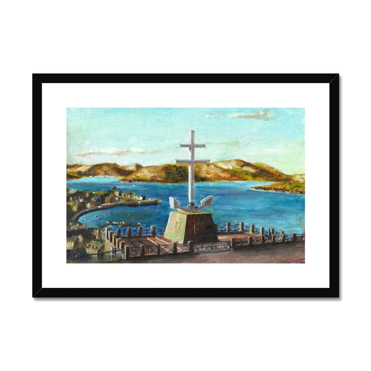 White Cross of Lorraine statue on concrete base with blue water and green hills