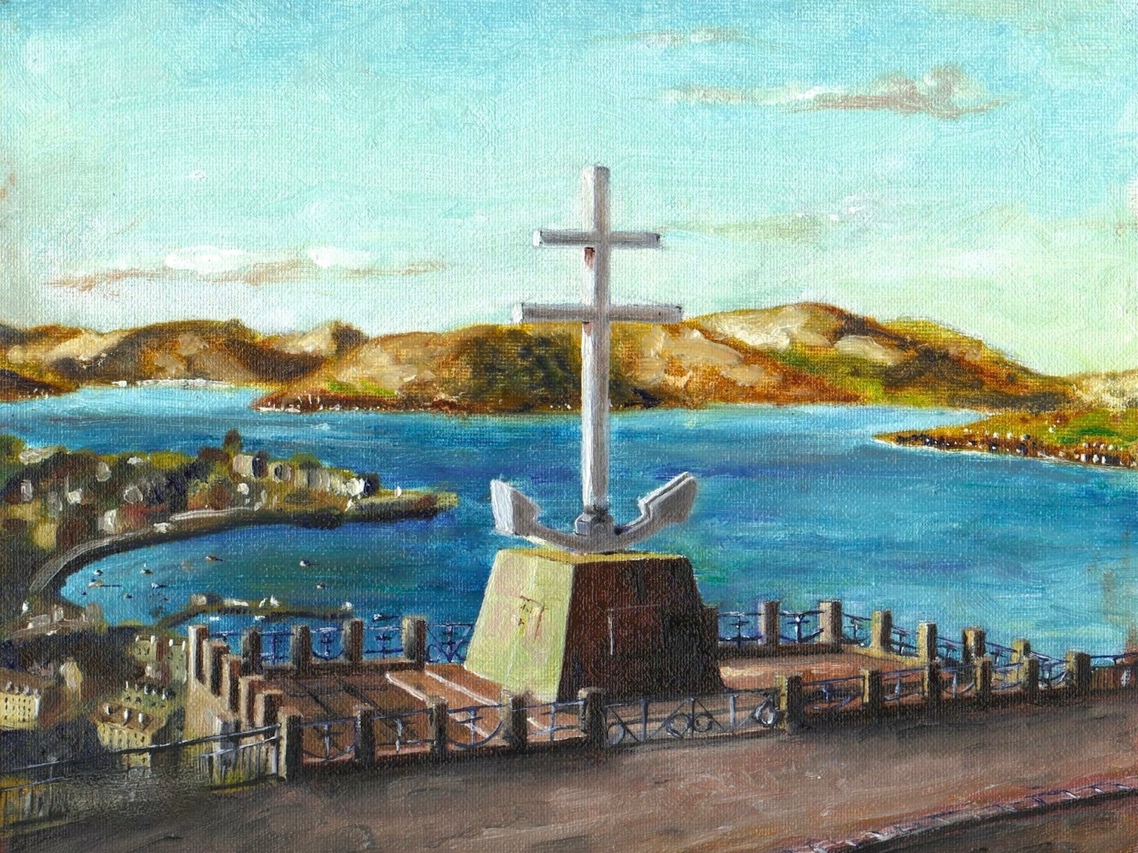 Original painting of a monument with a large white anchor and a cross symbol
