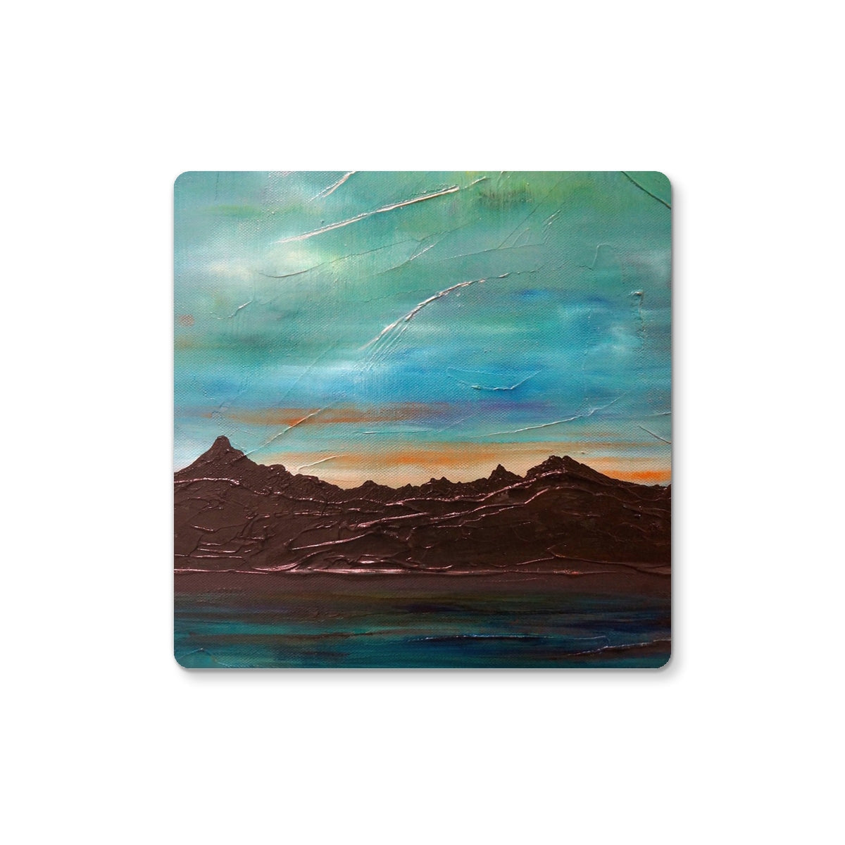 Textured acrylic painting of Mountain Landscape at Sunset on The Cuillin From Elgol Coaster