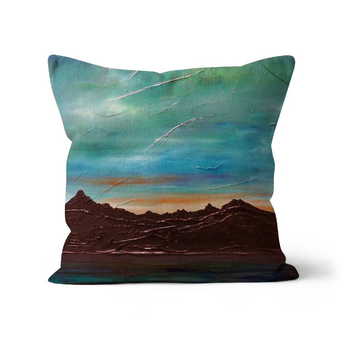 Decorative cushion featuring textured landscape painting of Mountains under colorful sky