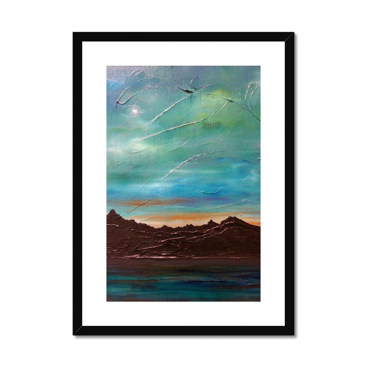 Framed abstract landscape print of The Cuillin from Elgol with vibrant sky and dark mountains