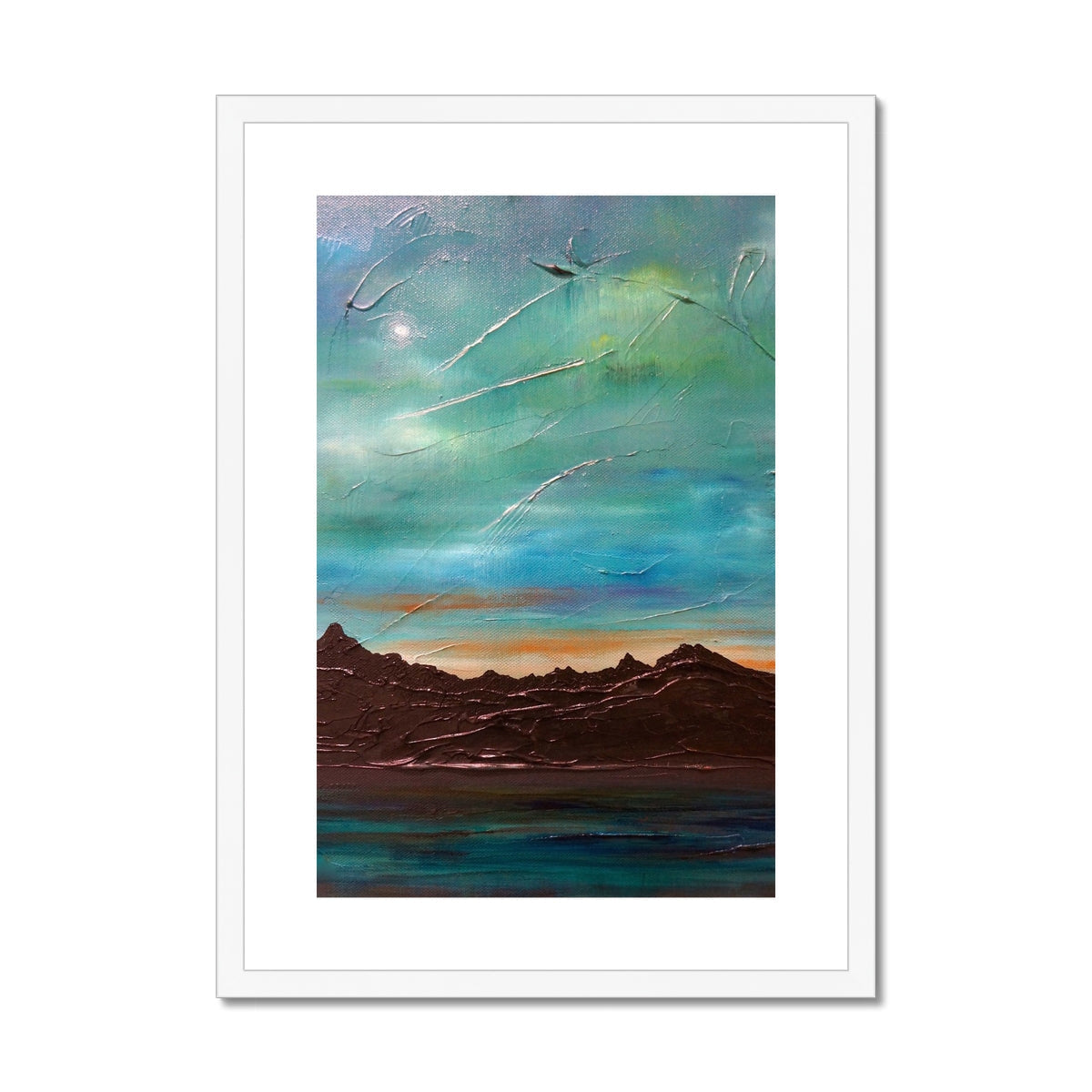 Framed impressionist landscape painting titled The Cuillin From Elgol print display