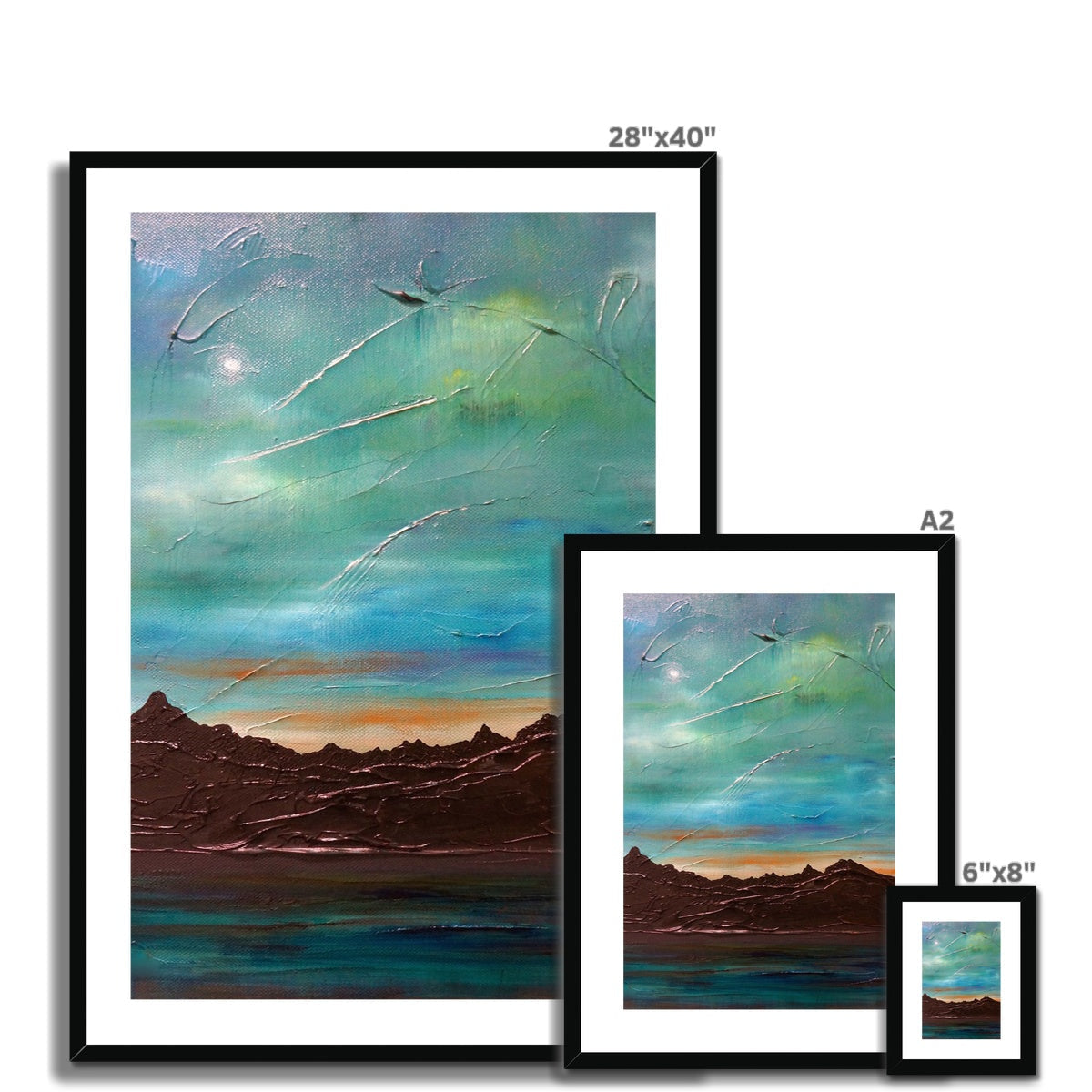 Framed landscape paintings of varying sizes displayed with The Cuillin From Elgol print