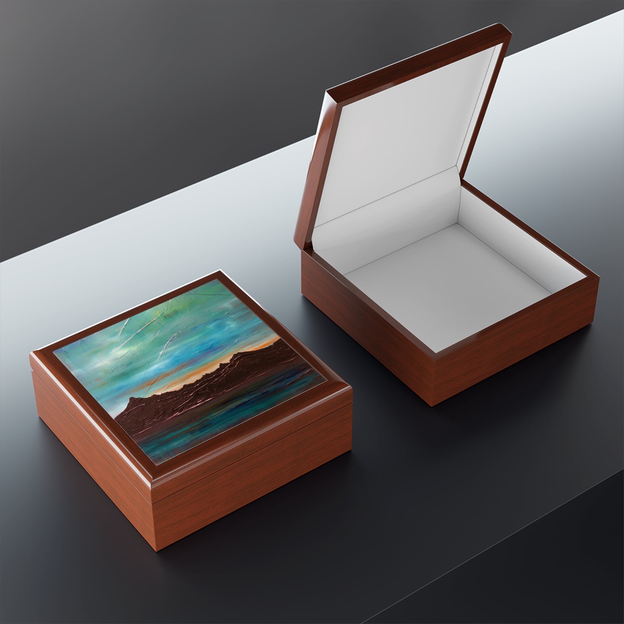 Brown wooden jewellery box with teal orange landscape lid, The Cuillin From Elgol Scotland