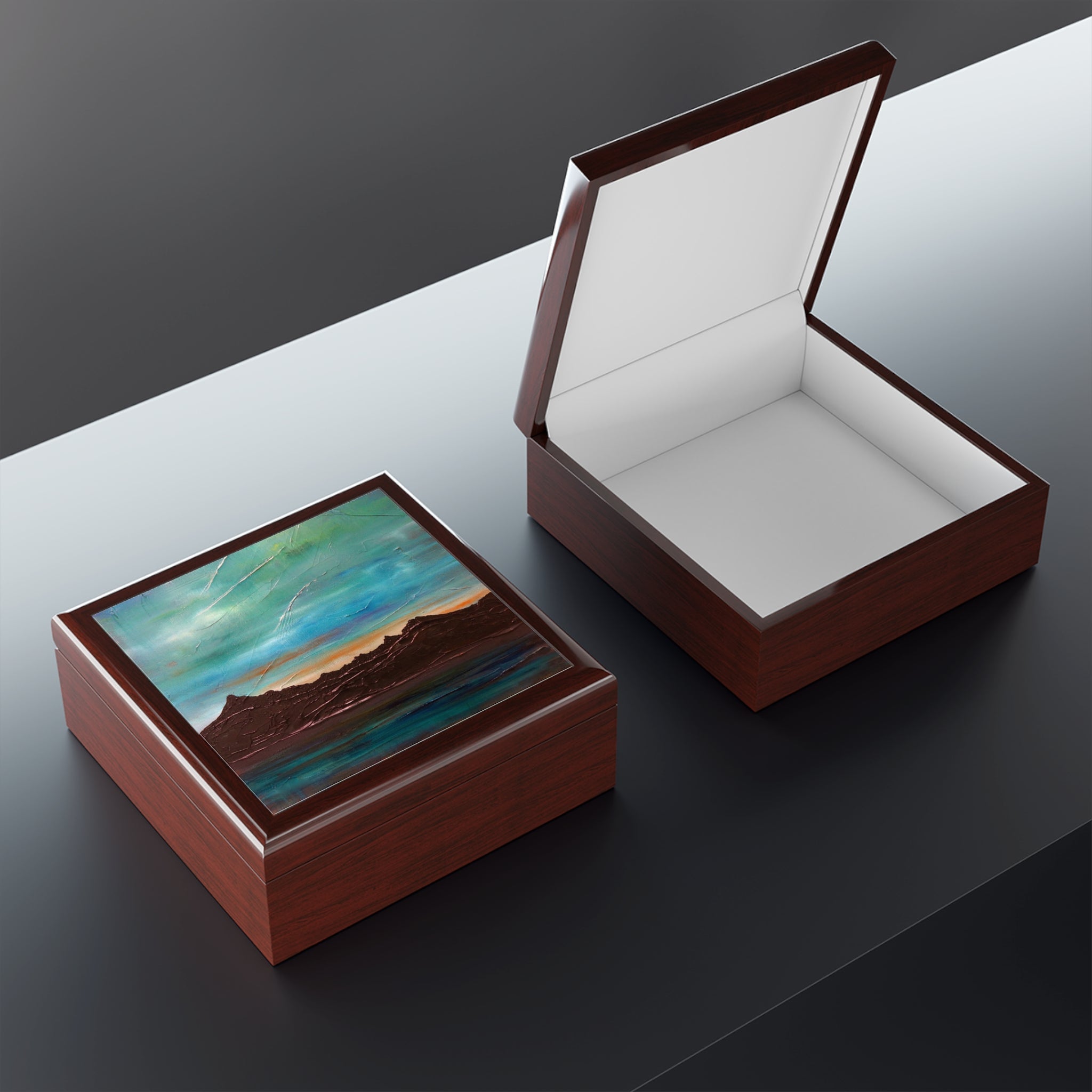 The Cuillin From Elgol jewelry box with teal-brown abstract lid