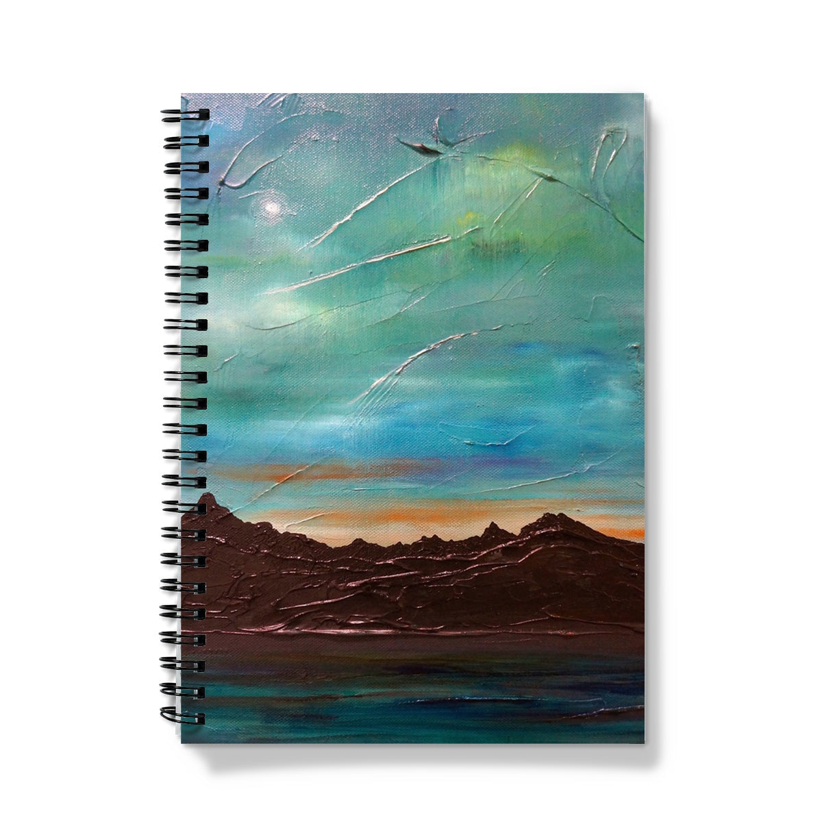 Spiral-bound notebook featuring an abstract landscape painting on the cover titled The Cuillin From Elgol