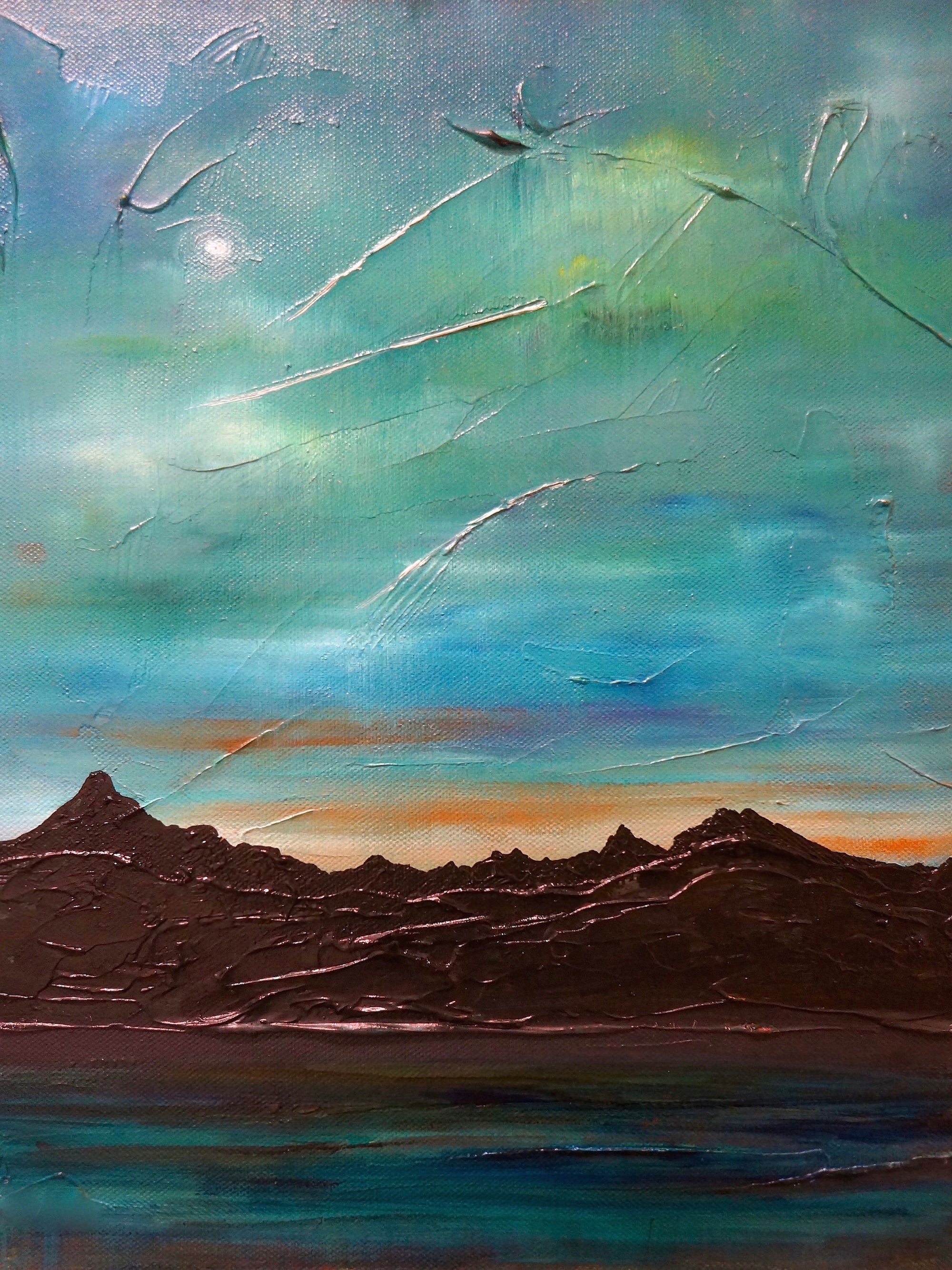 Textured landscape painting of The Cuillin From Elgol showcasing vibrant colors and details