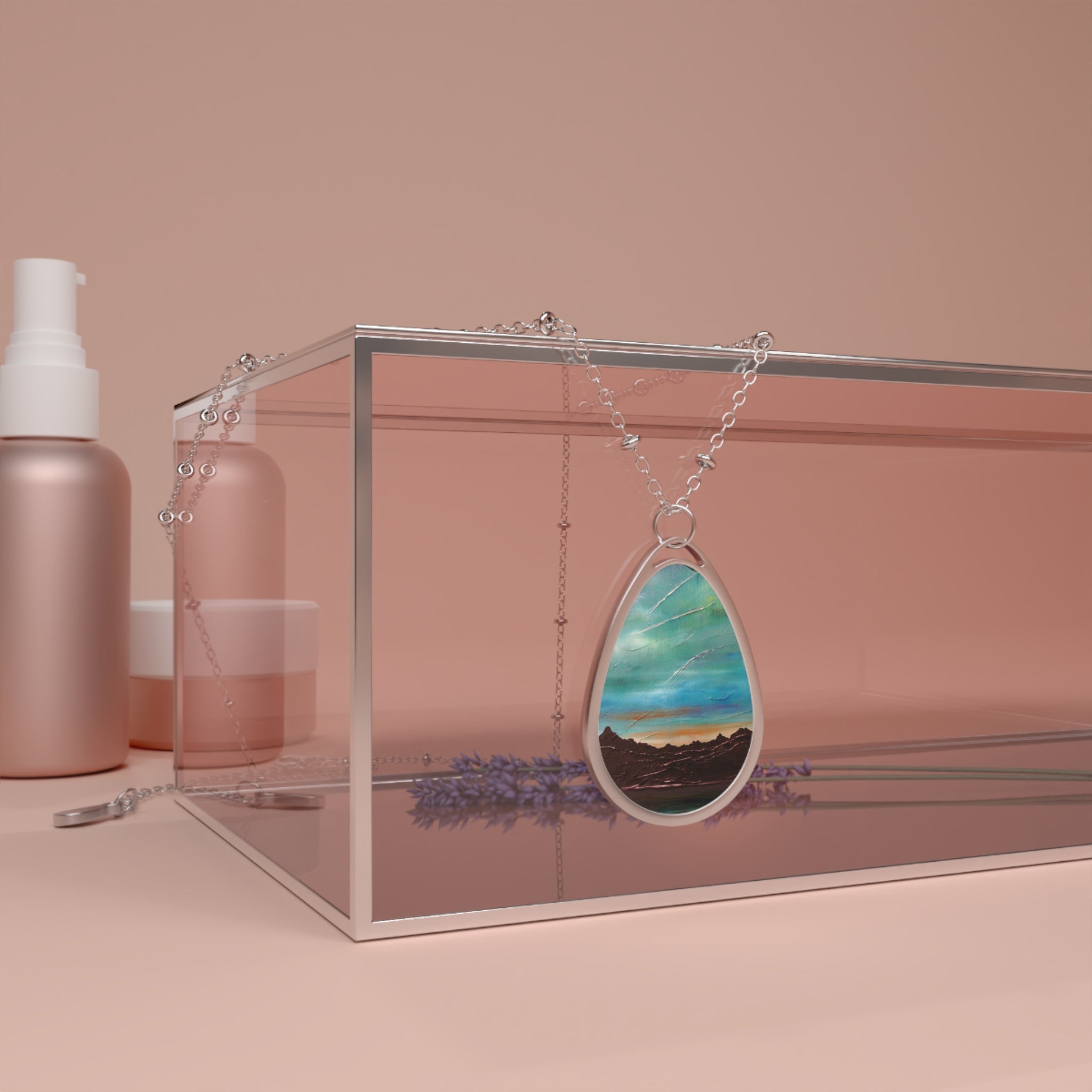 Silver teardrop pendant featuring a detailed landscape scene from Elgol Skye in Scottish art jewelry