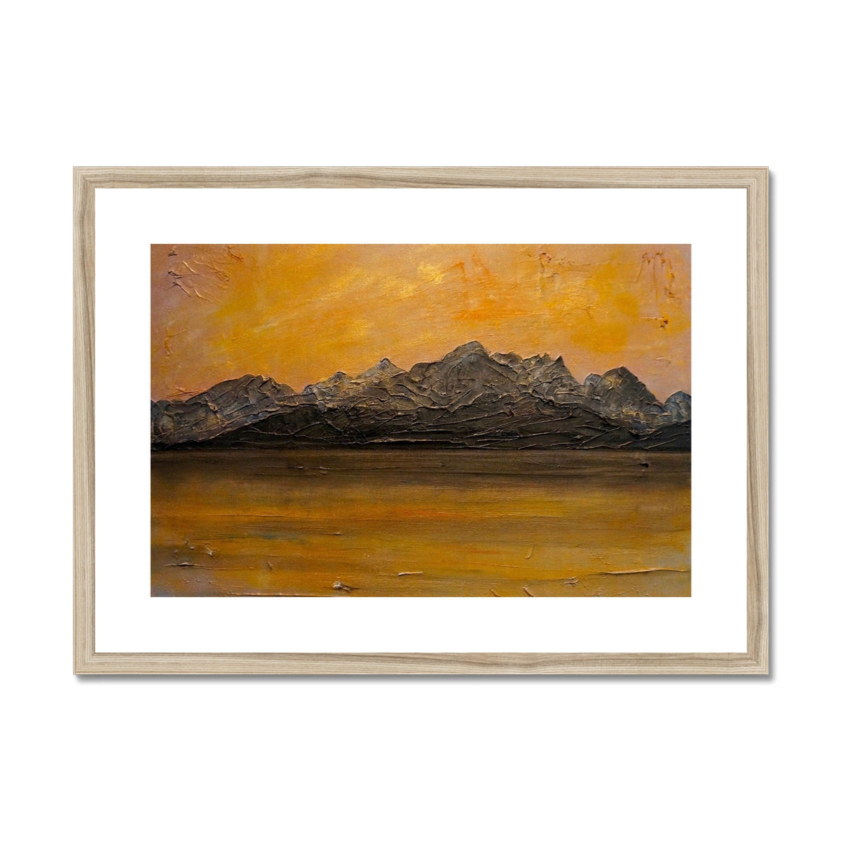 Framed Cuillin Sunset abstract mountain print with textured gray peaks and orange sky