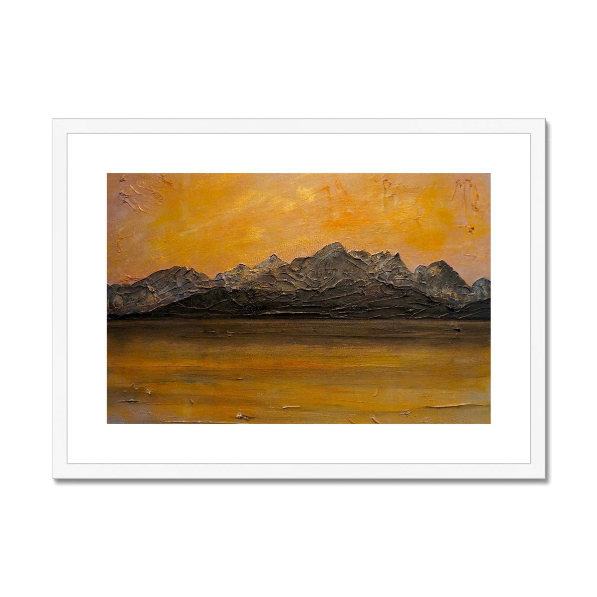 Cuillin Sunset impressionistic mountain painting in orange and gray, framed