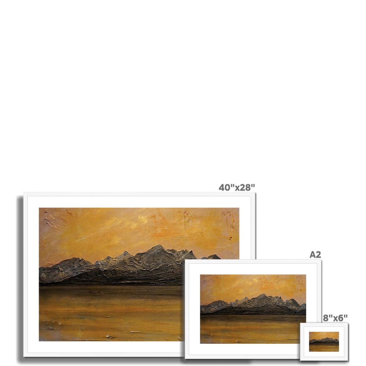 Framed Cuillin Sunset abstract mountain print in ochre and gray tones