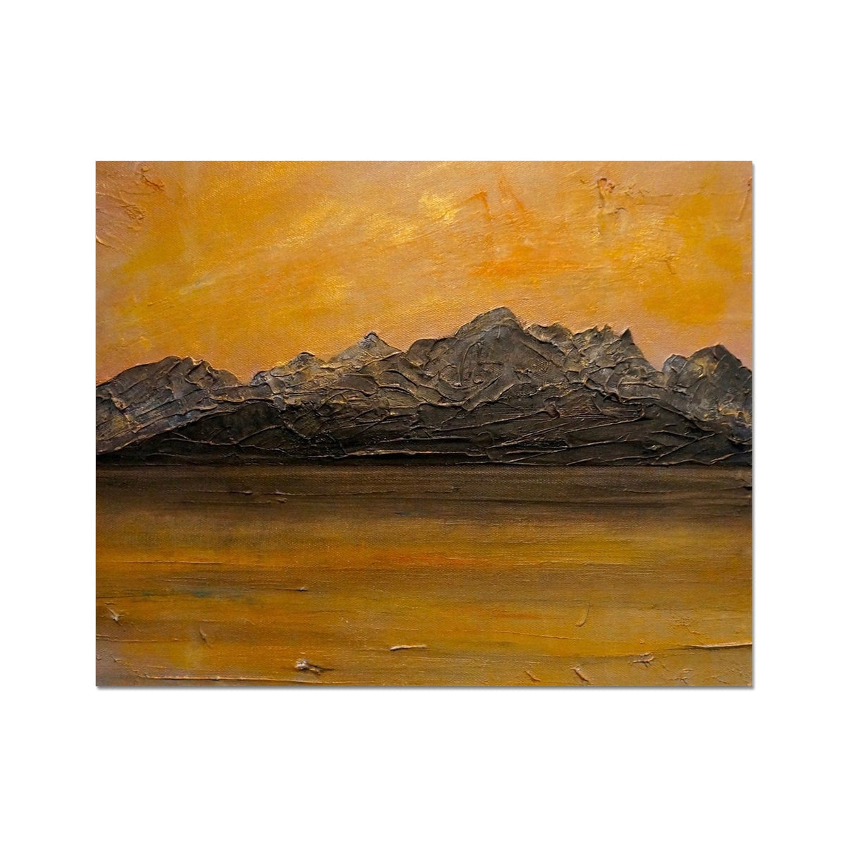 Cuillin Sunset: textured painting of dark peaks in orange-yellow sky on Hahnemühle German Etching print