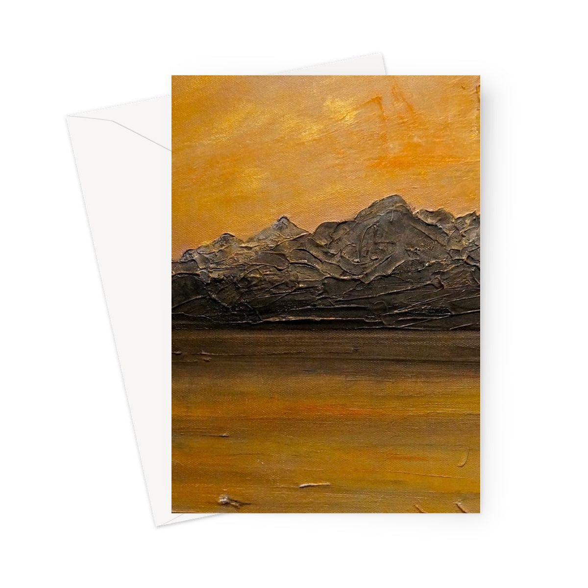 Cuillin Sunset greeting card with textured mountain range under orange sky