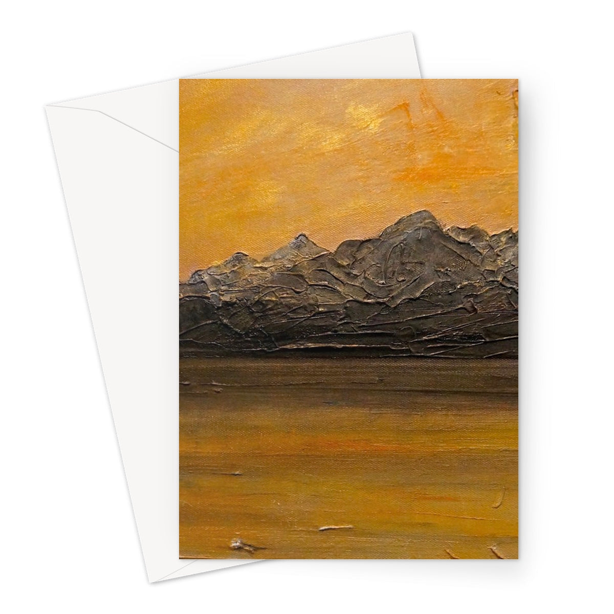 Cuillin Sunset greeting card with textured mountain range under orange sky