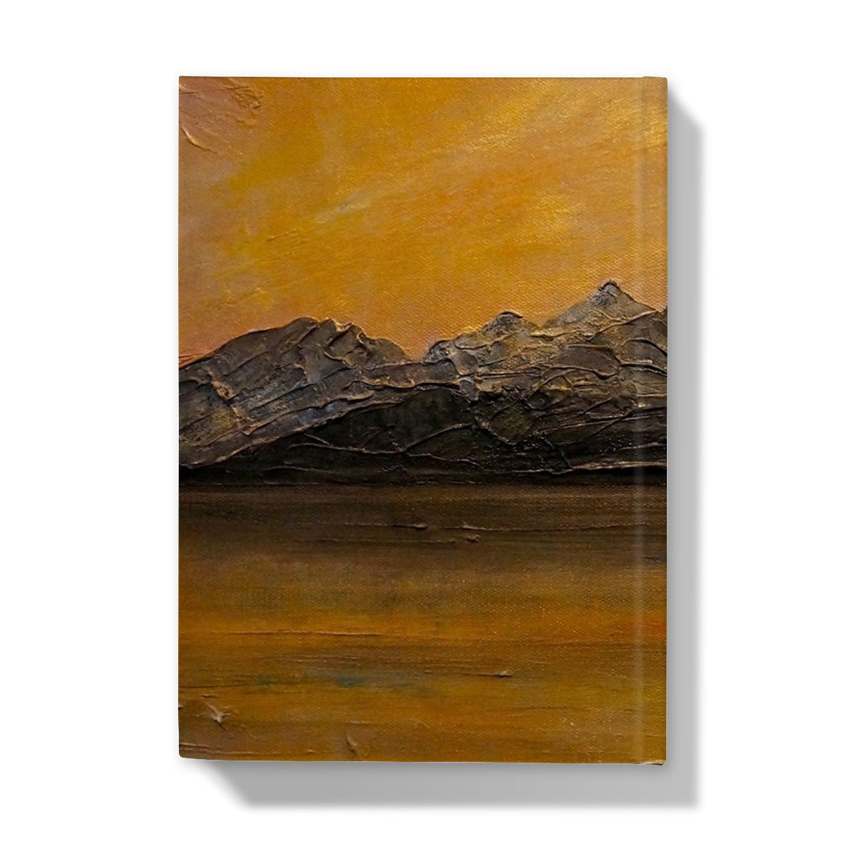 Cuillin Sunset journal with textured mountain painting under golden sky