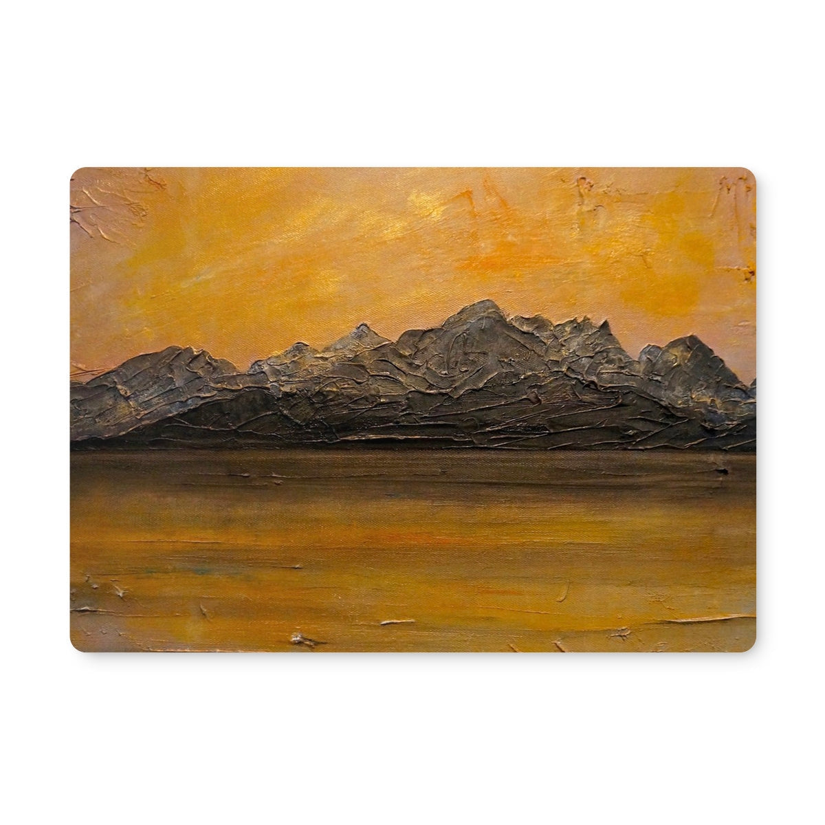 Cuillin Sunset Placemat: Textured Gray Mountains in Orange-Yellow Sky