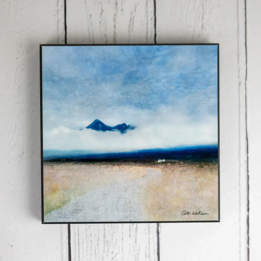Square framed misty mountain painting of Cullin Cottage Sligachan Isle of Skye by Cath Waters
