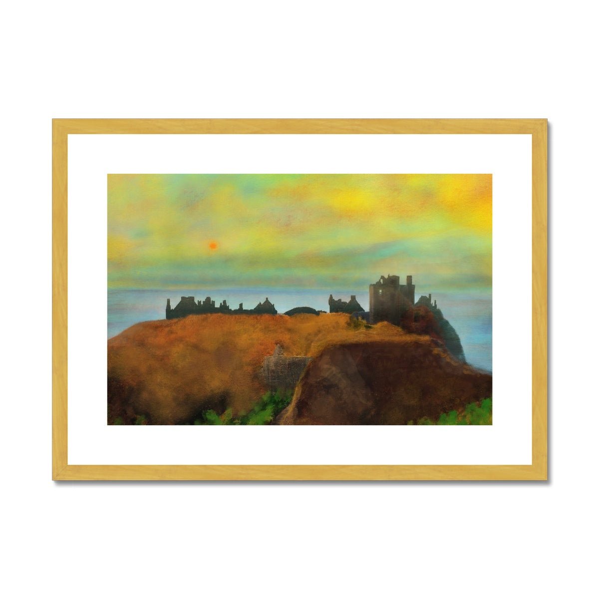 Dunnottar Castle Dusk Painting | Antique Framed & Mounted Prints From Scotland-Antique Framed & Mounted Prints-Historic & Iconic Scotland Art Gallery-A2 Landscape-Gold Frame-Paintings, Prints, Homeware, Art Gifts From Scotland By Scottish Artist Kevin Hunter