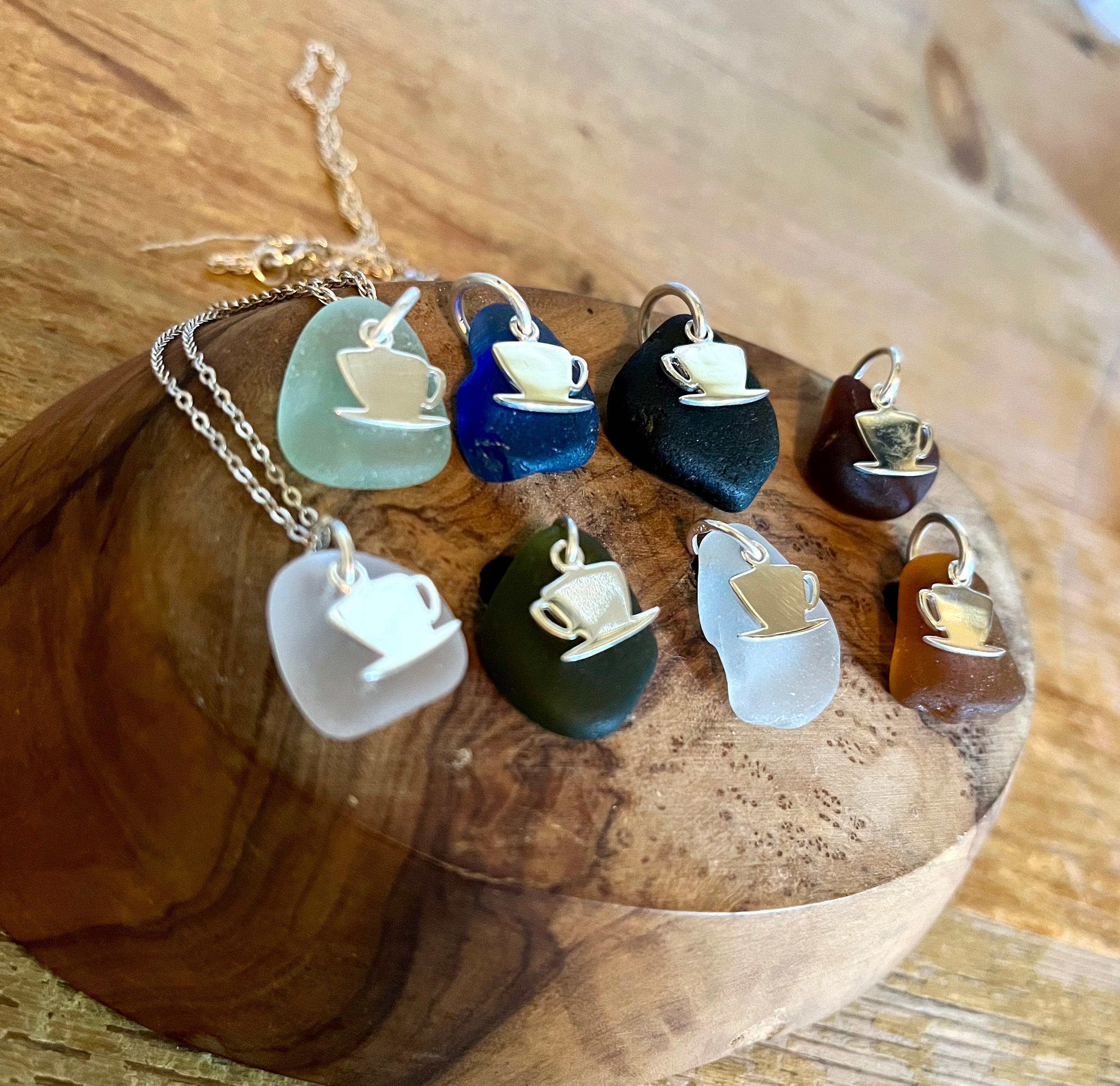 Assortment of Sea Glass Pendants with Cup and Saucer Charms from Cup of Tea Scottish Seaglass 925 Collection