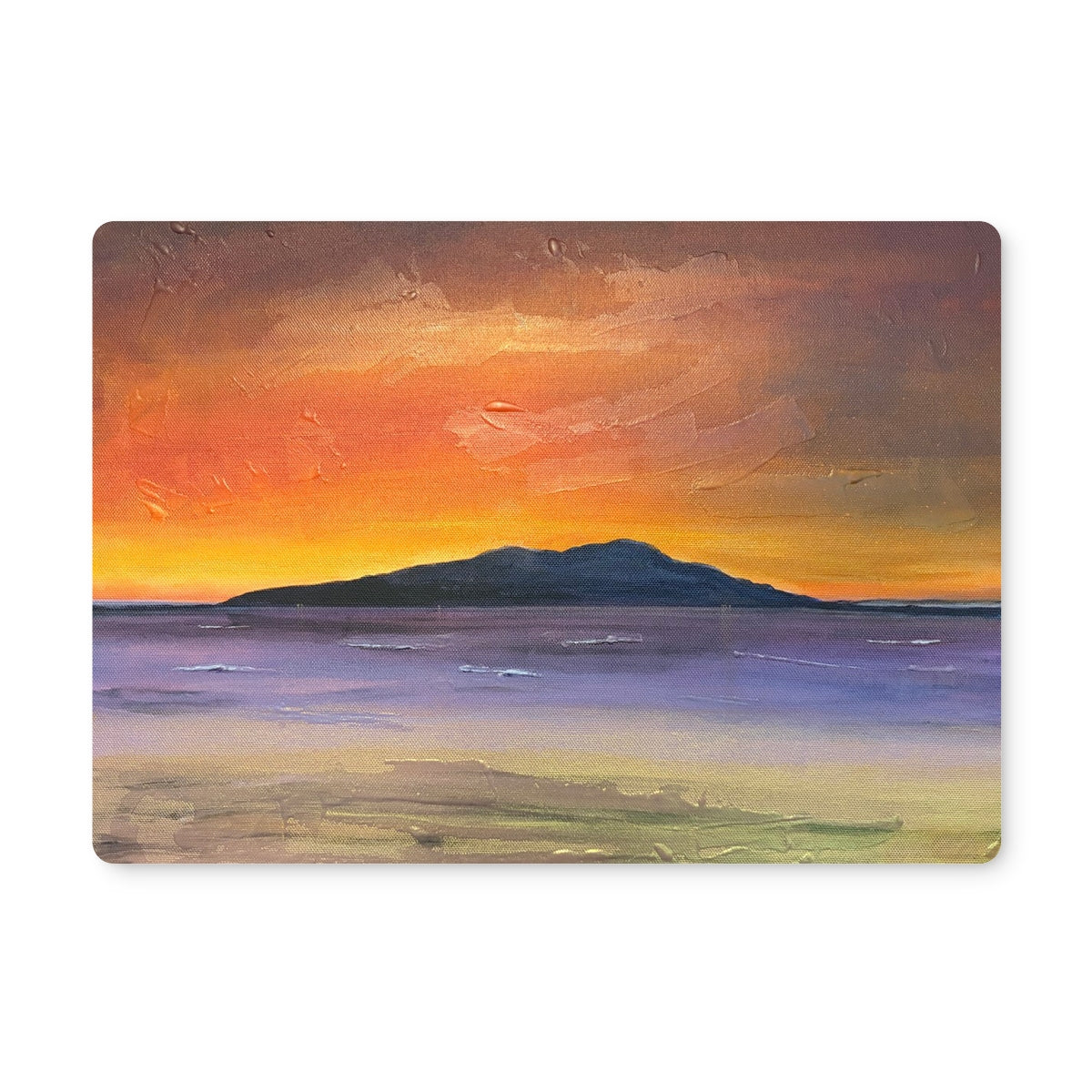 Rectangular arran embers placemat featuring a textured impressionistic sunset over water with island silhouette