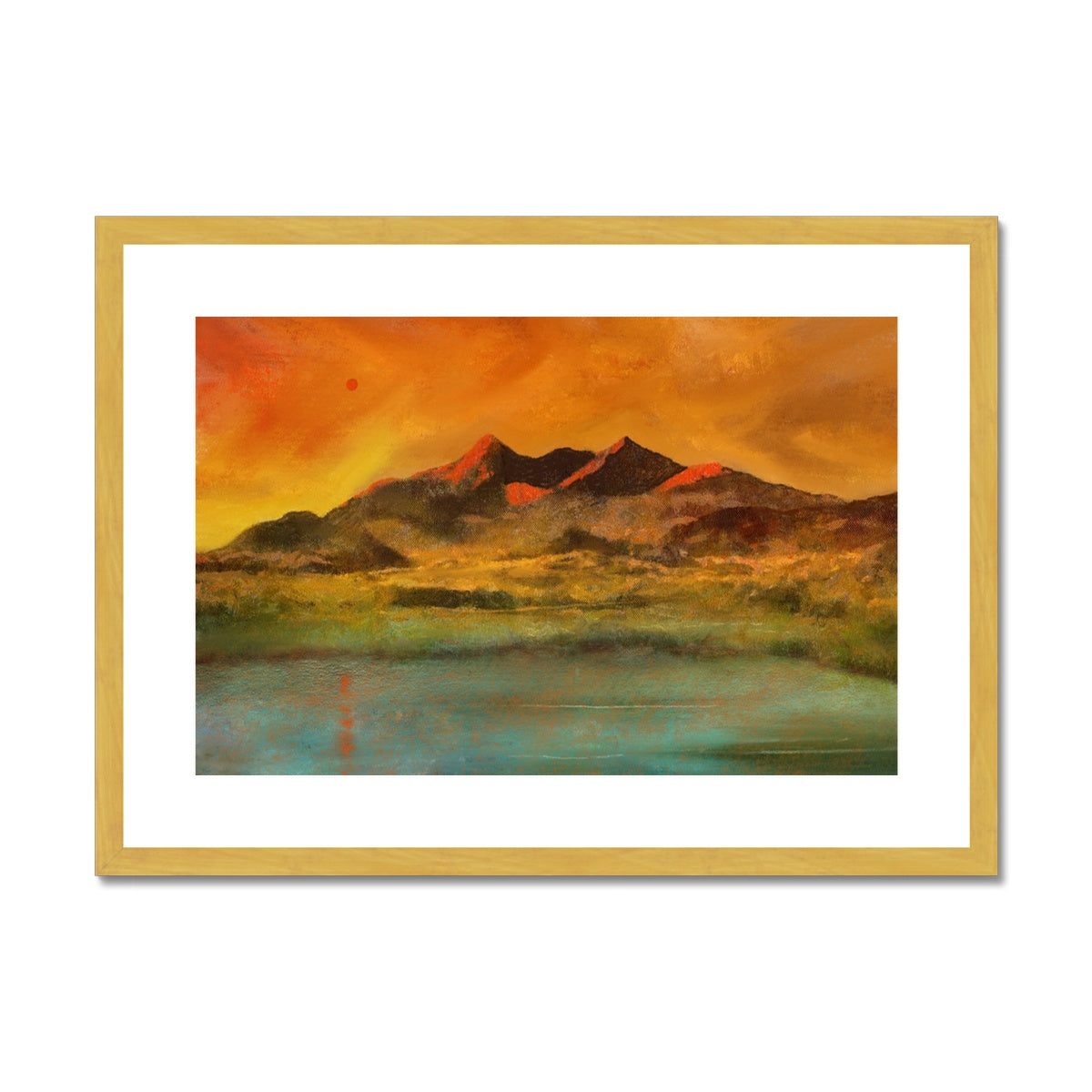 Skye Red Moon Cuillin Painting | Antique Framed & Mounted Prints From Scotland-Antique Framed & Mounted Prints-Skye Art Gallery-A2 Landscape-Gold Frame-Paintings, Prints, Homeware, Art Gifts From Scotland By Scottish Artist Kevin Hunter