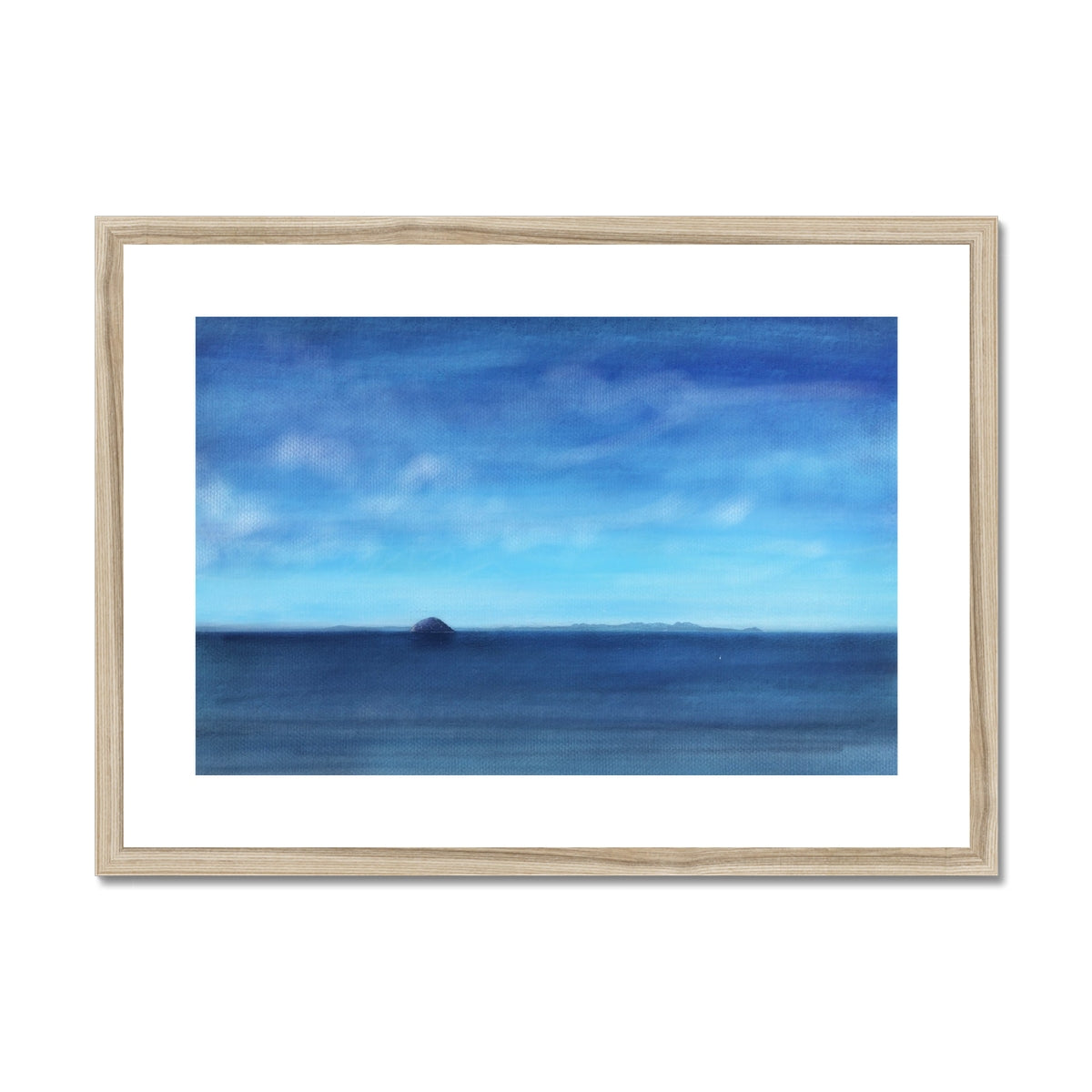 Ailsa Craig & Arran Painting | Framed & Mounted Prints From Scotland-Framed & Mounted Prints-Arran Art Gallery-A2 Landscape-Natural Frame-Paintings, Prints, Homeware, Art Gifts From Scotland By Scottish Artist Kevin Hunter