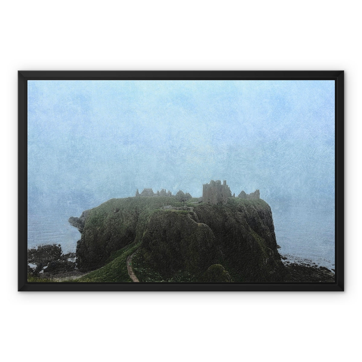 Dunnottar Castle Mist Painting | Framed Canvas From Scotland-Floating Framed Canvas Prints-Historic & Iconic Scotland Art Gallery-24"x18"-Black Frame-Paintings, Prints, Homeware, Art Gifts From Scotland By Scottish Artist Kevin Hunter