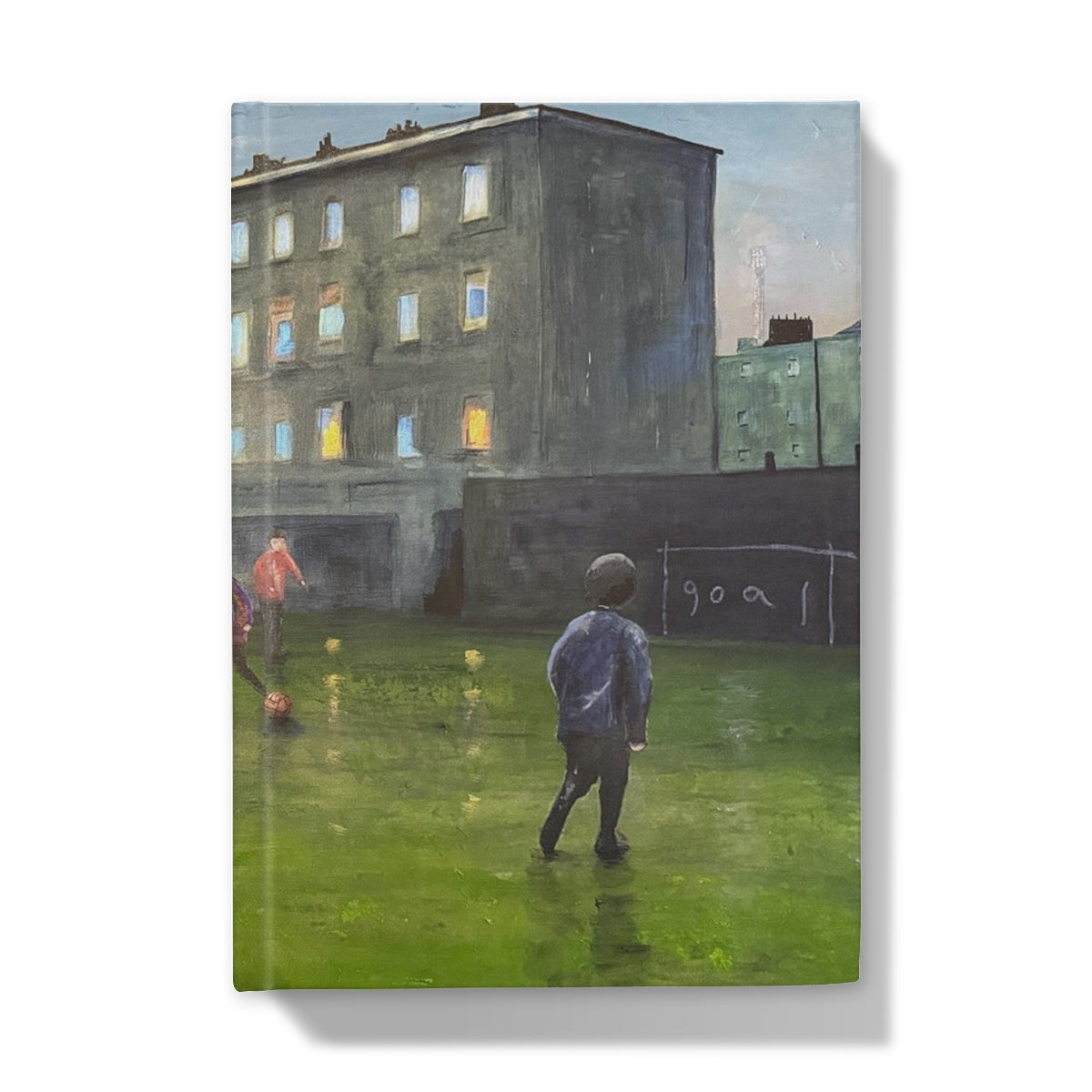 Green grass soccer field canvas art with boy playing ball in Time Hardback Journal