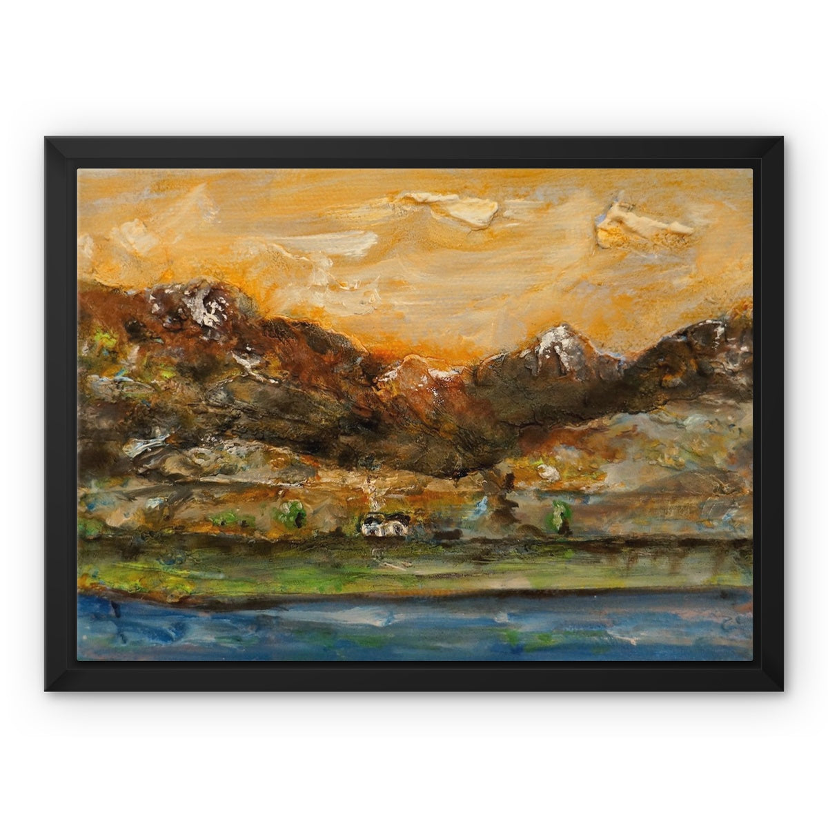 A Glencoe Cottage Painting | Framed Canvas From Scotland-Floating Framed Canvas Prints-Glencoe Art Gallery-16"x12"-Black Frame-Paintings, Prints, Homeware, Art Gifts From Scotland By Scottish Artist Kevin Hunter